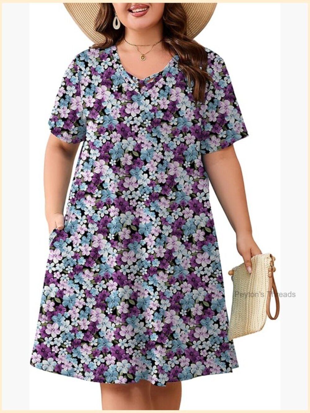 Plus Size Midi Dress with Pockets Short Sleeve V Neck Criss Cross A-Line Summer